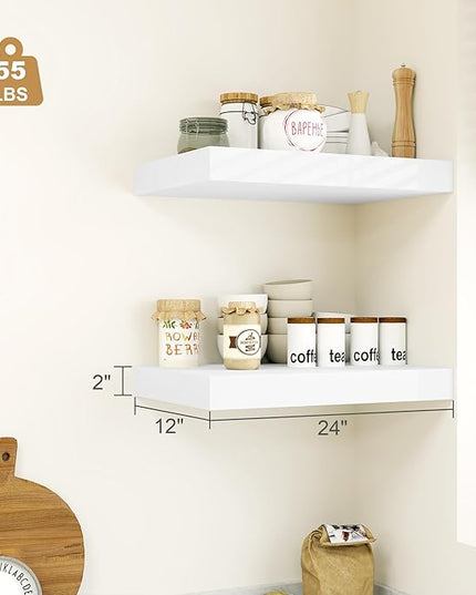 Heimlove 12" Deep White Floating Shelves for Wall, 24 Inch Wall Shelf Bathroom Shelves Set of 1, Mounted Shelves for Books Living Room Laundry Room Bedroom Kitchen Home Office
