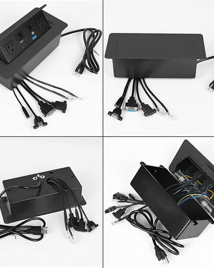 Table Pop up Power Strip Box Desktop Pop Up Outlet Recessed Multimedia Strip Socket Conference Table Power Hub Hidden Table Connection Box with Outlet Network HDMI for Office Desk (Black-A)