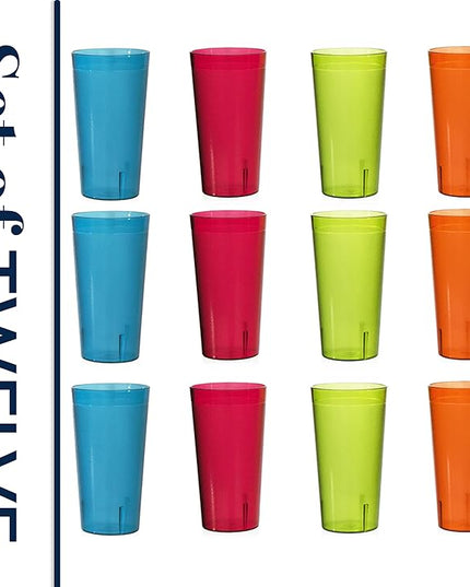 US Acrylic Café Plastic Reusable Tumblers (Set of 12) 32-ounce Iced-Tea Cups, Assorted | Value Set of Restaurant Style Drinking Glasses, Stackable, BPA-free, Made in the USA | Top-rack Dishwasher Safe