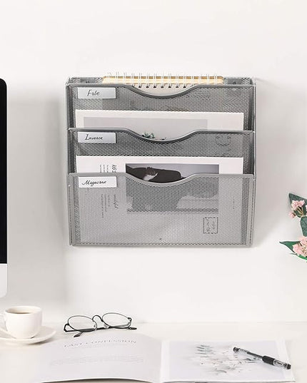 EasyPAG Hanging Wall File Organizer, 3 Pocket Wall Mounted Mail Organizer, Vertical Document Folder Holder with Nametag Label, Space Saving Paper Storage Magazine Rack for Office Home School, Silver
