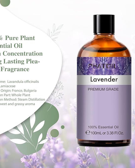 Lavender 3.38fl.oz Essential Oil, PHATOIL Aromatherapy Essential Oils for Diffuser, Humidifier, Perfect for DIY Soap, Candle, Bath Bombs Making(100ml)