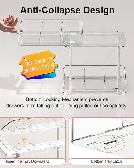 Delamu 2 Tier Snap-Lock Bathroom Under Sink Organizers and Storage, Multi-Purpose Cabinet Drawers with Movable Dividers, Pull Out Organization for Countertop, Kitchen and Pantry(Clear, 2 Pack)