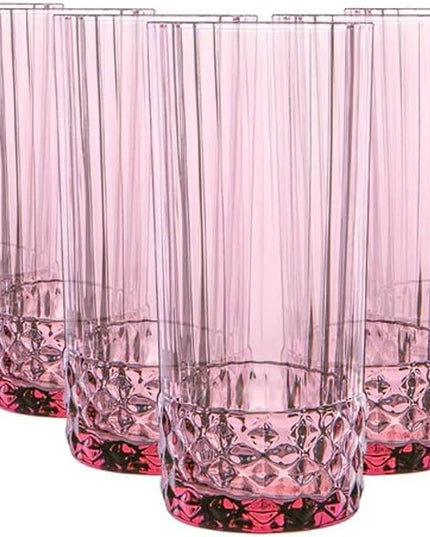 Bormioli Rocco America '20s Lilac Rose Cooler Glasses, Set of 6 - Made in Italy Tainted Crystal Glass with Diamond-Cut Design - 16.5 oz Barware Essentials for Cocktails & Spirits