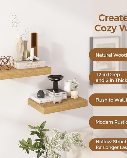 12 Inch Deep Floating Shelves, 16 x 12 Floating Shelf for Books, Rustic Wood Deep Wall Shelves for Home Storage & Display, 2" Thicked Shelves for Kitchen, Living Room, Bedroom, Oak Color, 2 Pack