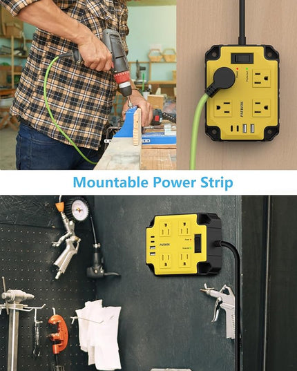 8-Outlets Heavy Duty Power Strip with 4 USB Ports(2 USB-C), Industrial Magnetic Surge Protector Power Strip 15 Amps/1200 Joules, 6.5 Ft Multi-Plug Electric Extension Cord for Workshop Garage (Yellow)