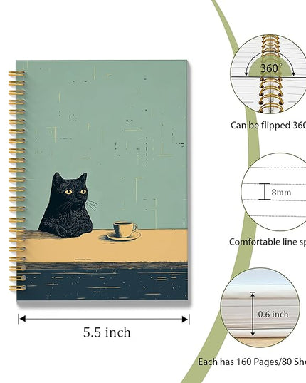 Vintage Coffee Black Cat Spiral Notebook, Black Cat Gifts Journal, Cats Lovers Mom Lady Gifts Journal Notebook, 5.5x8.3 Inch