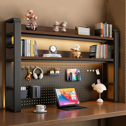 2/3/4 Tier Desktop Bookshelf with Pegboard and Storage Parts, Metal Desktop Organizer Hutch, Desk Shelves for Top of Desk, Shelf Organizer Display Rack for Dorm Home(Black+Brown,3-tier L61in)