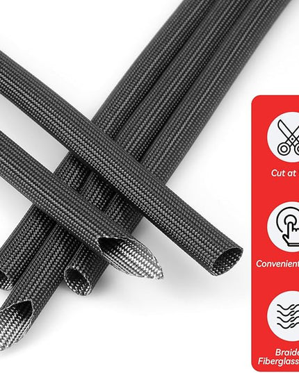 Braided Fiberglass Sleeve, 10ft High Temp Cable Sleeve, Flexible Cable Management Cable Protector for Car Wire Loom Protection (Black, 1/4")