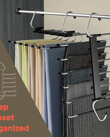 Black Space Saving Pants Hangers 1 Pack, 6 Layer Jeans Hangers and Closet Organizer for Jeans, Scarves, Skirts, Multi-Layer Hanger with Anti-Slip Coating & Stopper, Heavy-Duty S-Type Stainless Steel