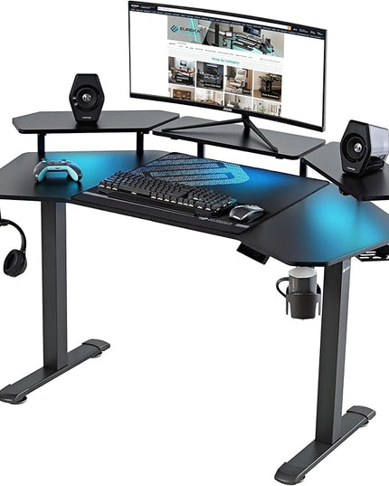EUREKA ERGONOMIC Aero 55 Inch W Shaped Electric Standing Desk, Height Adjustable Computer Gaming Desk with LED Monitor Shelf, Mouse Pad, Headphone Hook, Cup Holder, Carbon Black
