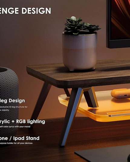 Fenge Dual Monitor Stand, 2 Tiers Acrylic Monitor Riser with LED Lights, 42.5 Inch Wood and Aluminum Desk Shelf with Phone and Tablet Holder