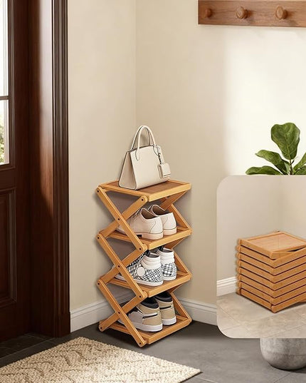 YYW Shoe Rack, Foldable Shoes Organizer Free Standing Shelf for Entryway, Closet, Hallway, Foldable X Shape Multi Tier Shoe Rack (Wood Color,4 Layers)