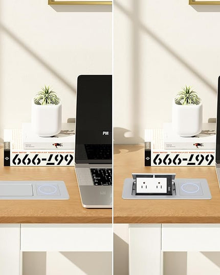 Pop Up Outlet with 15W Wireless Charger, Power Strip with 2 AC Outlets, USB A and USB C Charging Ports Recessed Multimedia Strip Socket Hidden Table Connection Box with Outlet (Sliver-F-Wireless)