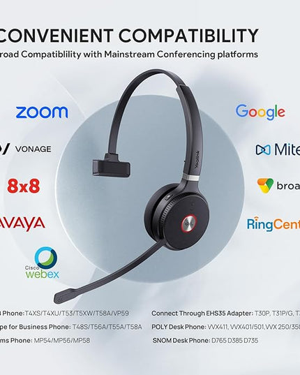 Yealink WH62 Mono UC DECT Wireless Headset 525 ft Range for Zoom Skype Certified Work Headset with 2X Noise Canceling Mic for IP Phone and Computer, Office Single On Ear Headphone,13 Talk Time