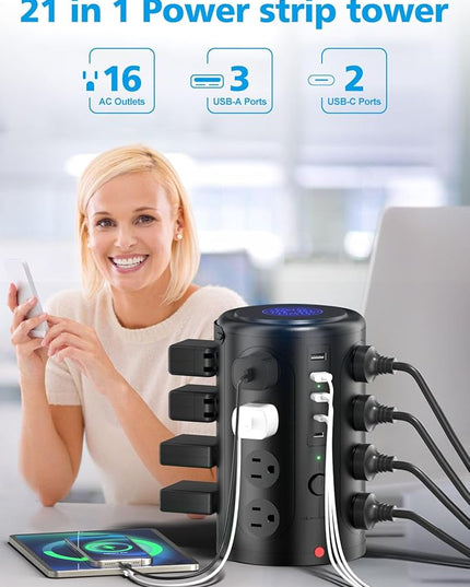 Power Strip Tower Surge Protector with 16 Outlets and 5 USB Ports (2 USB-C), 20FT Extension Cord with Multiple Outlets,Heavy Duty Charging Station,Home Office Dorm Room Essentials.No Wireless Charging