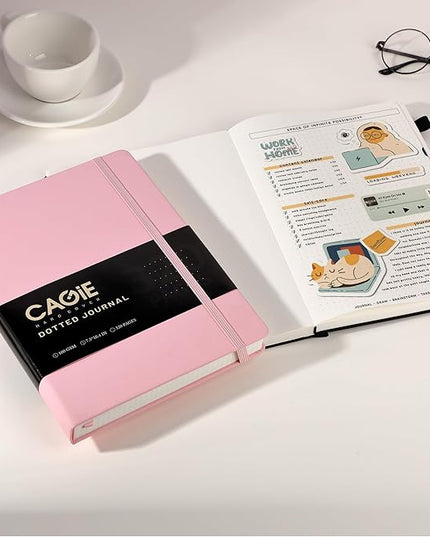 CAGIE Bullet Dotted Journal Notebook 320 Pages 100 GSM Paper Hardcover B5 Dot Grid Notebook Leather Journals for Writing Women Men Work Journaling, Pink