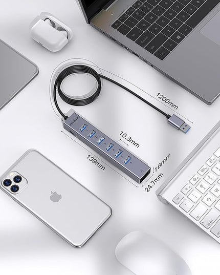 FORIDA 7 Port USB Hub - USB Ethernet HUB with 3.9ft Long Cable for Laptop, USB Extender with Gigabit Network Port and 5V/3A Power Port, Aluminum MultiPort USB hub for Laptop, iMac, PC, Flash Drives