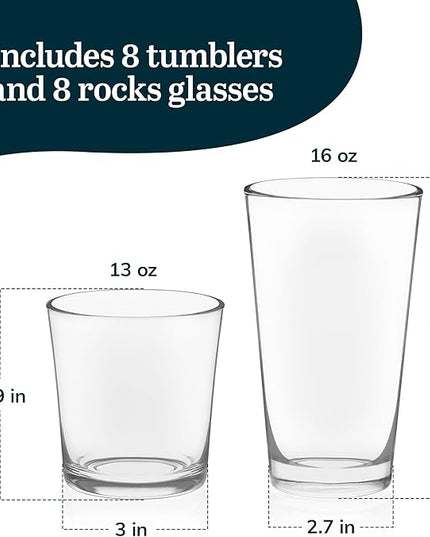 Libbey Preston Tumbler and Rocks Glass Cups Set, All Purpose Everyday Drinking Glasses Set of 16, Glassware Drinking Glasses for Birthdays, Dinners
