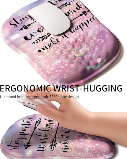 Hokafenle Ergonomic Wrist-hugging Mouse Pad Wrist Support, U-shaped Holding Wrist Rest Mousepad for Carpal Tunnel Pain Relief with Cushioned Memory Foam Slope Massage Bulge (10.2x8.3 in,Stay Positive)