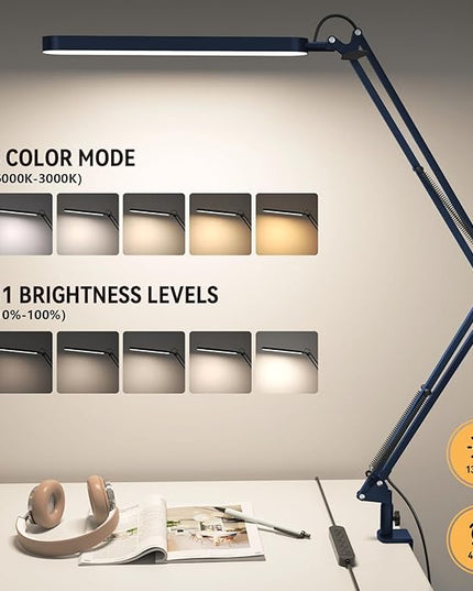 SKYLEO Desk Lamp - LED Desk Light - 5 Color Modes X 11 Brightness Levels - Adjustable Swing Arm - Timmer & Memory Function - 12W Lamp for Desk - Blue