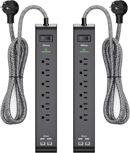 12FT Long Power Strip Surge Protector - with 6 Outlets 4 USB Ports, Heavy-Duty Braided Extension Cord, Flat Plug, 900 Joules, 15A Circuit Breaker, Wall Mount for Home Office (2 Pack)
