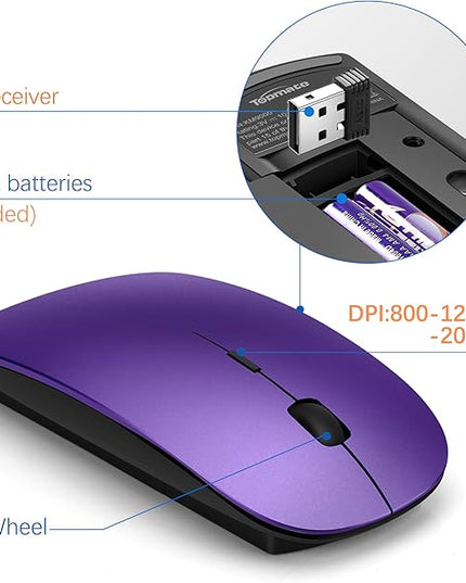 Wireless Keyboard and Mouse Ultra Slim Combo, TopMate 2.4G Silent Compact USB 2400DPI Mouse and Scissor Switch Keyboard Set with Cover, Batteries Included, for PC/Laptop/Windows/Mac - Purple Black