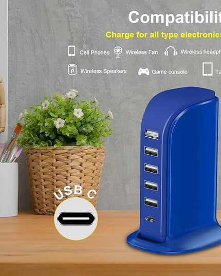 USB Charging Station Upoy, 6 Ports Charging Blocks, USB Power Hub with C Port, Charging Dock for Electronics Organizer, Multi Charger 40W, Compatible with Kindle, iPhone, Ipad, Airpods, Tech Gadgets