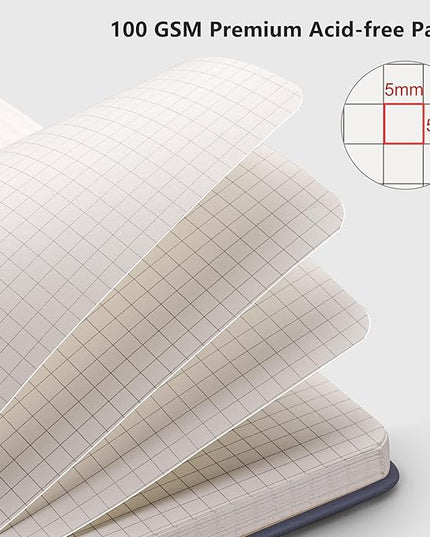 RETTACY Graph Grid Paper Notebook, 192 Pages, A5 Medium Size (5.7'' x 8.3''), 5 Squares per Inch, Leather Hardcover, 100 GSM Thick Paper, for School, Students, Math, Engineering (Navy Blue)