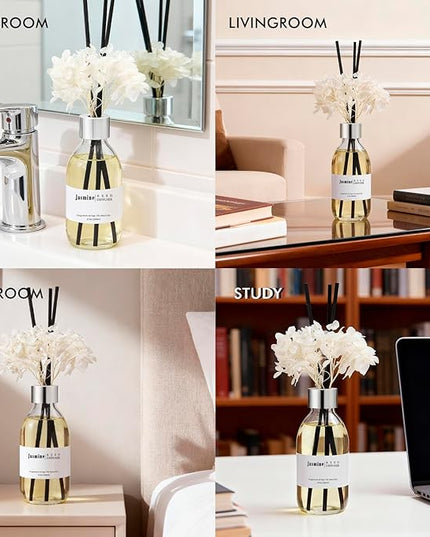 Clesh Reed Diffuser Set, 6.7 oz Jasmine Scented Diffuser with Sticks, Home Fragrance Reed Diffuser for Bathroom Shelf Decor