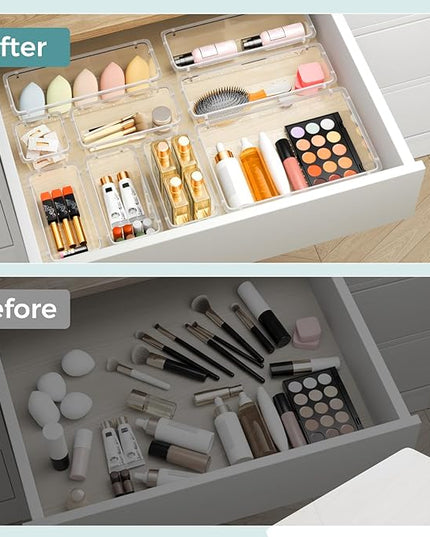 WOWBOX 44 PCS Clear Plastic Drawer Organizer Set, 5 Varied Size storage Bins and Desk Drawer Organizer Trays for Makeup, Gadgets, Jewelry and Utensils in Bathroom, Bedroom and Office, Clear