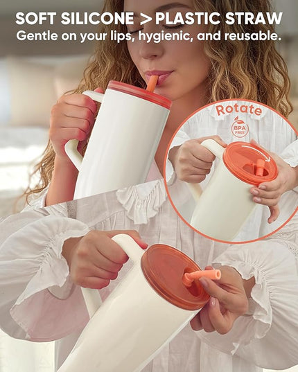 KISSKIND 40 oz Lumispin Tumbler with Handle and Hidden Straw, 100% Leak Proof Water Cup with Handle, Insulated Water Bottle for Travel, Mom, Nurse, Teacher, Student, Velvety Cream