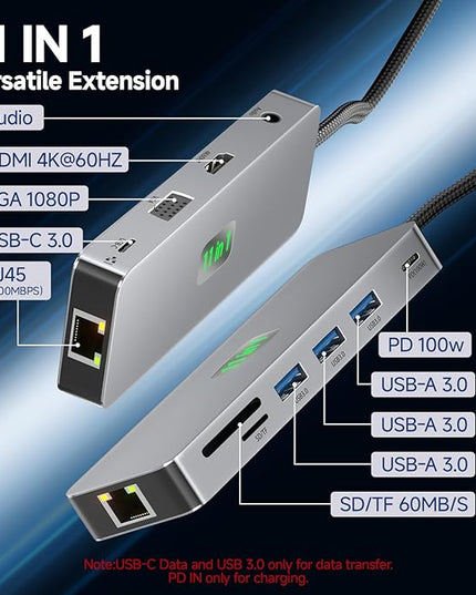 USB C Docking Station Dual Monitor 11 in 1, 4K@60Hz HDMI & DisplayPort Hub with Gigabit Ethernet, 100W PD, USB 3.0, USB C, SD/TF Card Reader, Compatible with MacBook, Dell, HP, Lenovo, Surface
