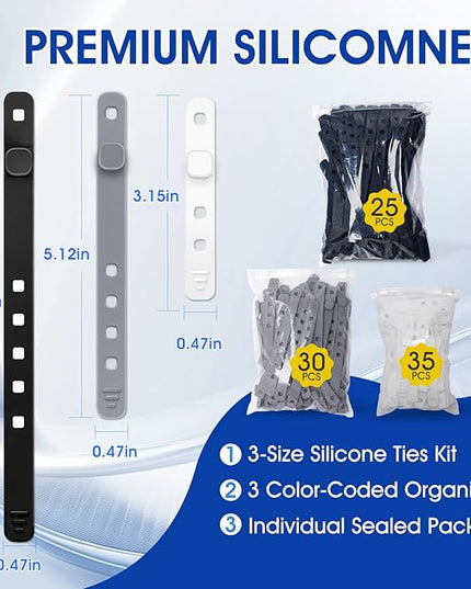 AROIC 90Pcs Silicone Cable Ties with 3 Sizes,Reusable and Washable with Adjustable Locking Buckle Design, Cord Organizer for Home, Office, Travel Essential, School (3 Colors)