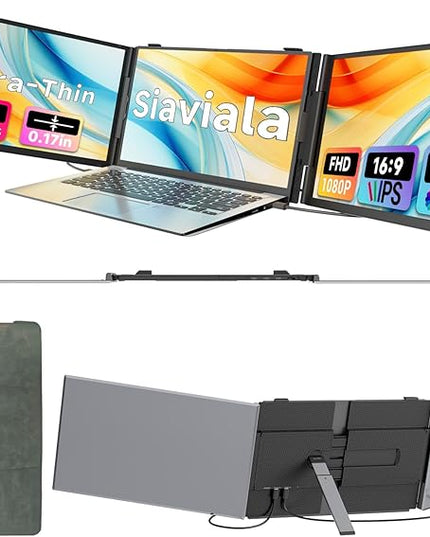 siaviala Laptop Screen Extender 0.17" Ultra-Thin, 14" 1080P FHD IPS Portable Monitor, Triple Screen Laptop Monitor Extender for 13"-17" Laptops, Plug & Play for Mac/Android/Chrome