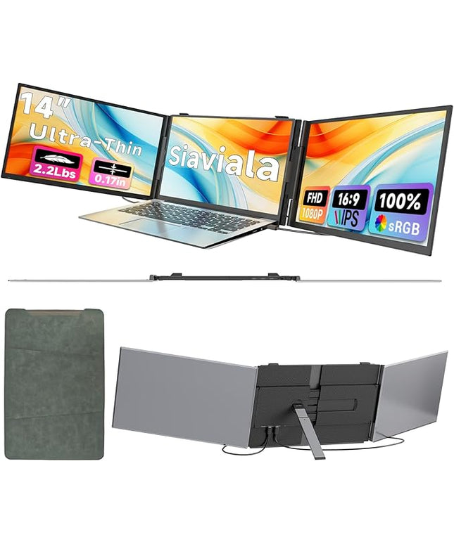 siaviala Laptop Screen Extender 0.17" Ultra-Thin, 14" 1080P FHD IPS Portable Monitor, Triple Screen Laptop Monitor Extender for 13"-17" Laptops, Plug & Play for Mac/Android/Chrome