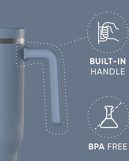 Hydrapeak Voyager 40 Oz Stainless Steel Tumbler with Handle, Insulated Water Bottle With Straw & Lid, Cupholder Friendly Reusable Travel Mug (Modern Blue)