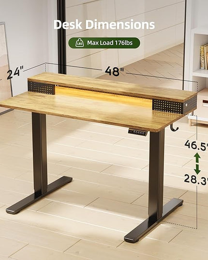Claiks Electric Standing Desk with Shelf, 48 Inch Height Adjustable Standing Desk with LED Lights & Monitor Stand, Black Frame/Rustic Brown Top