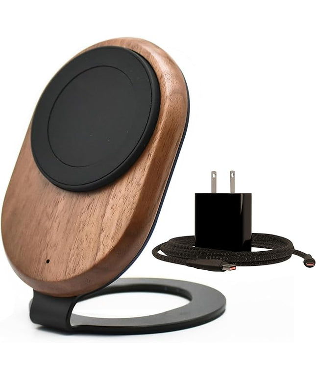 ARK Uno - Solid Wood MagSafe Stand Magnetic Wireless Charging Station w/Adapter & USB to USB C15W Wireless Charger. for iPhone 12-17 & Some Samsung. Home, Office, Kitchen,Best Mens Gifts!