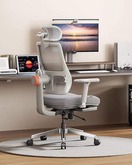 Newtral Office Chair Ergonomic with Footrest, Auto-Following Lumbar Support, High Back Desk Chair with 4D Armrest,136° Tilt Lock, Adjustable Seat Depth & Height (Supreme, Grey)
