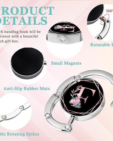Pink Initial Foldable Purse Hook, Flower Letter Handbag Hanger, Women's Bag Hanger Hook, Round Purse Table Hook, Funny Desk Hook Gift for Family Colleague Friend Office Worker (Flower F)