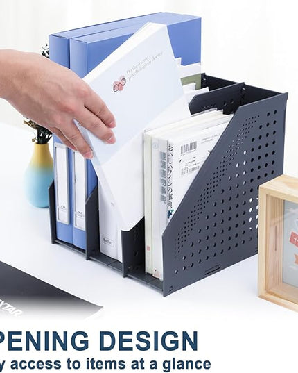 Collapsible Magazine File Holder with 3 Vertical Compartments Foldable Binder Holder for Desk Binder Storage Organizer Plastic Magazine Holders for Shelf, Dark Gray