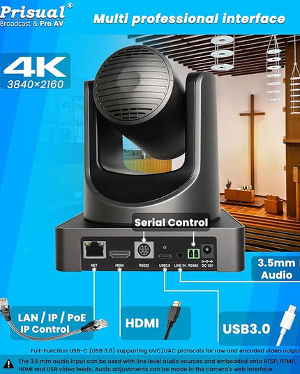 Prisual 4K HDMI/IP/USB PTZ Camera 20X, Advanced PTZ Auto Tracking Camera, 1/1.8”4K UHD 30P with Built-in Tally Light for Church Conference Events, PoE, PT20X-4K (NDI upgradable)
