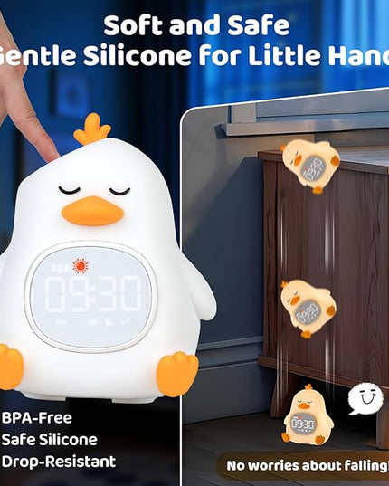 Sleepy Duck Alarm Clock with Night Light for Kids with Sleep Training and Sound Machine, Rechargeable Silicone Lamp OK to Wake Clock，Cute Animal Tabletop Lamp, Perfect Sleep Companion for Boys Girls