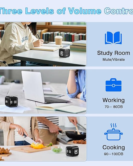 Cube Pomodoro Timer, Desk Productivity Timer 5/10/30/60 Minutes & Custom Countdown, Adjustable & Silent Visual Timer, ADHD Tool Flip Rotating Portable Multi Timers for Study Task Work Kitchen School