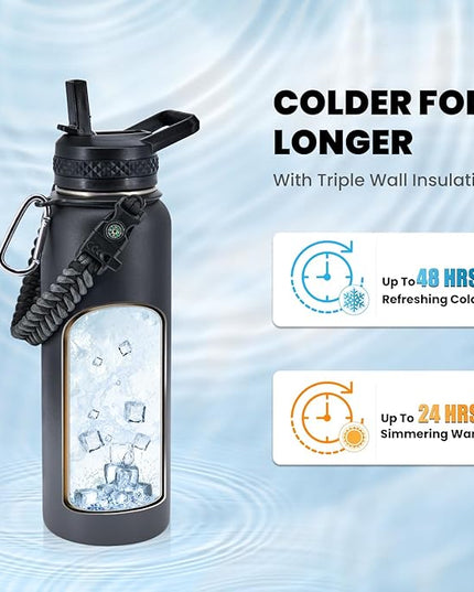 Insulated Water Bottle 40 oz, Triple Wall Vacuum Stainless Steel (Cold for 48 Hrs), Leak Proof & Non-BPA, Modern Water Flask Jug with Paracord Handle & Straw Spout Lids, Dark Grey