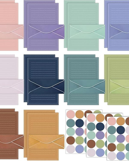 TaoBary 160 Packs Stationery Paper Set (50 Double Sided Stationery Writing Papers 50 Matching Envelopes) 60 Round Dot Sticker, 10 Design(11 x 8.5 Inch,Morandi Color)