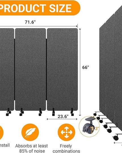 Soundproof Room Divider with Wheels, 66in Office Dividers for Sound Proofing & Reducing, 3 Panel Sound Proof Dividers for Office Partitions Portable Temporary Wall Acoustic Wall Divider，Dark Grey