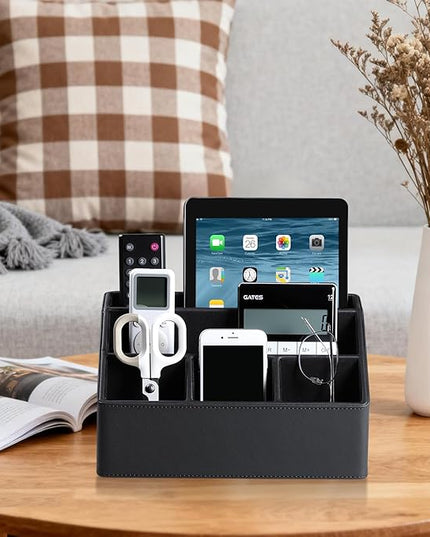 Cretkhp Remote Control Holder with 5 Compartments for Office Art Supplies, PU Leather Nightstand Organizer Pencil Pen Desk Caddy for Home, Desktop TV Remote Control Organizer Storage (Black)