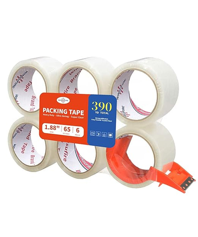 WINSUFIRE Heavy Duty Packing Tape for Shipping, Scotch Tape,Total 390Y, 1.88 inch x 65 Yards,6 Pack Clear Packing Tape, Scotch Packaging Tape with Dispenser