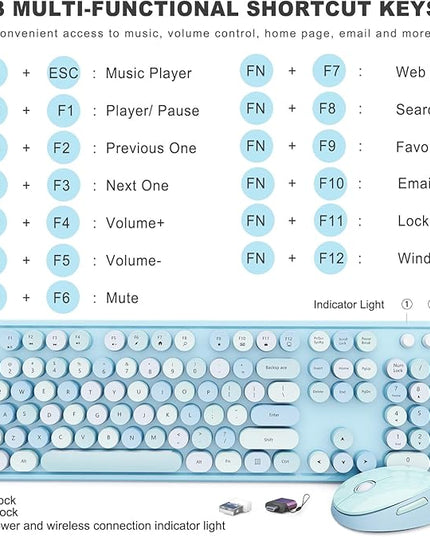 Wireless Keyboard and Mouse Combo, Ergonomic Full Size Typewriter Retro Round Keycaps Keyboard, Compatible with Windows, PC, Perfer for Home and Office Keyboards (Blue